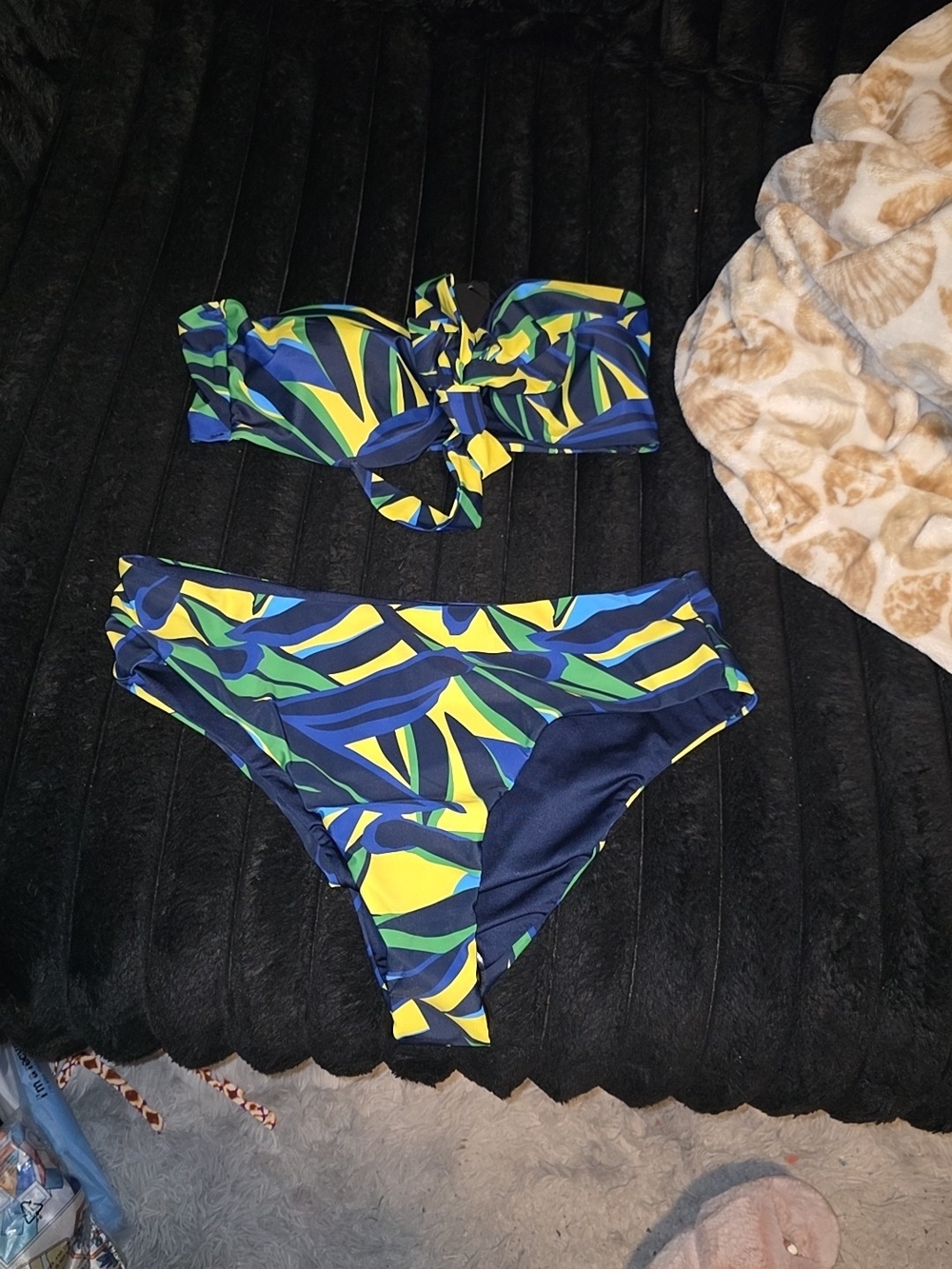 Vibrant Leaf Print Bandeau Bikini - Navy, Yellow, Green